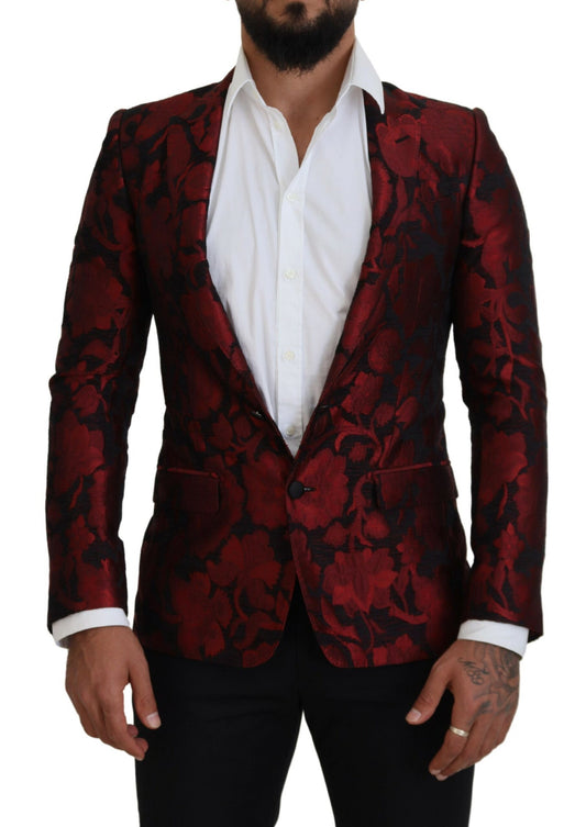 Dolce & Gabbana Red Floral Jacquard Suit Martini Blazer