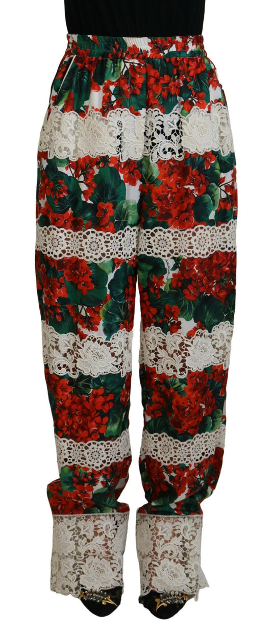 Dolce & Gabbana Multicolor Lace Floral Print High Waist Pants