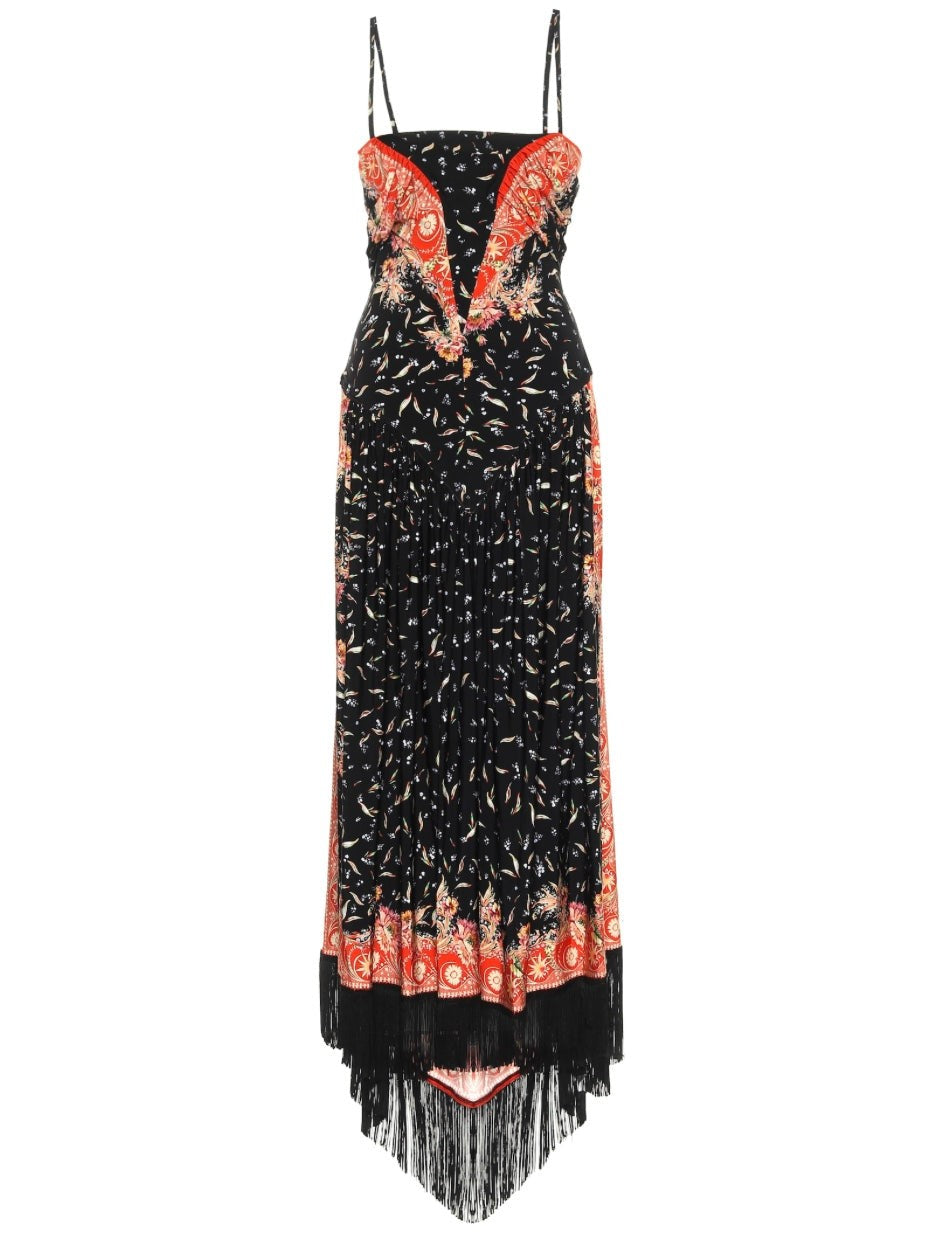Fringe-Trimmed Printed Maxi Dress